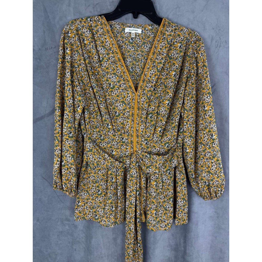 Max Studio Blouse Peplum Floral Yellow Size M Boho Smocked Waist Tie Front